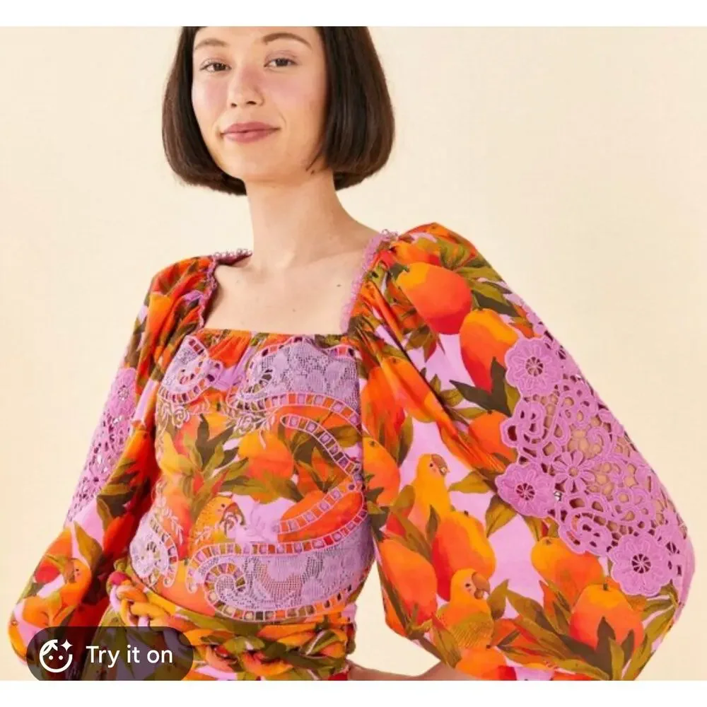 Farm Rio Mango Macaw Tropical Pattern Puff Sleeve Crop Top